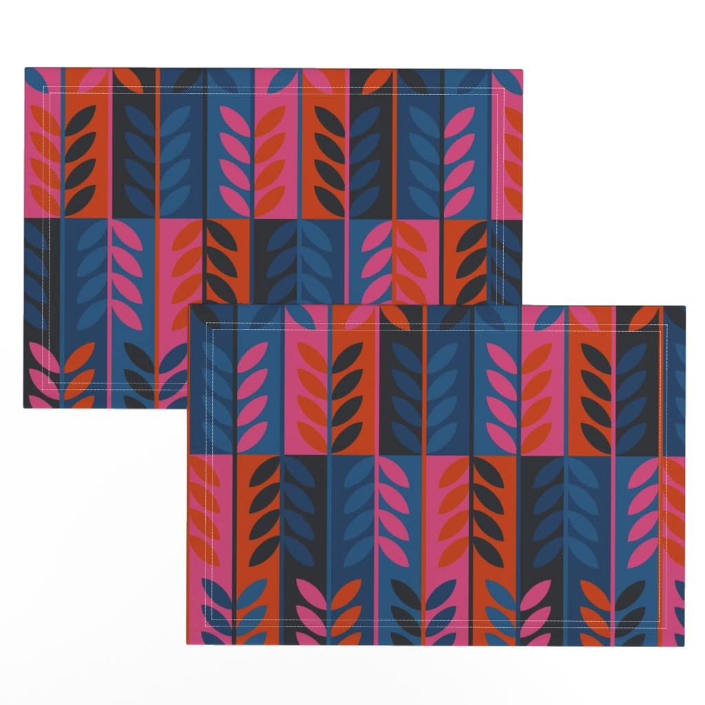 Linen Cotton Canvas Placemats Set of 2 - Pink & Blue Geometric Plant Abstract Print Table Mats for Dining, Kitchen Decor, and Party Settings | Washable & Durable Cloth Placemats by Spoonflower