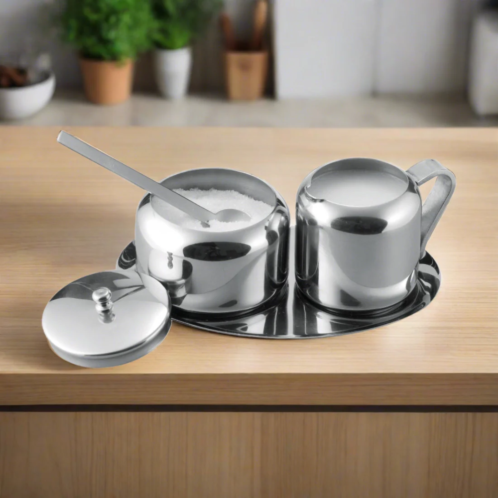 Cuisinox 5-Piece Cream and Sugar Caddy Set - Stainless Steel Coffee & Tea Serving Tray with Spoons - Perfect for Home, Office, and Restaurant Use