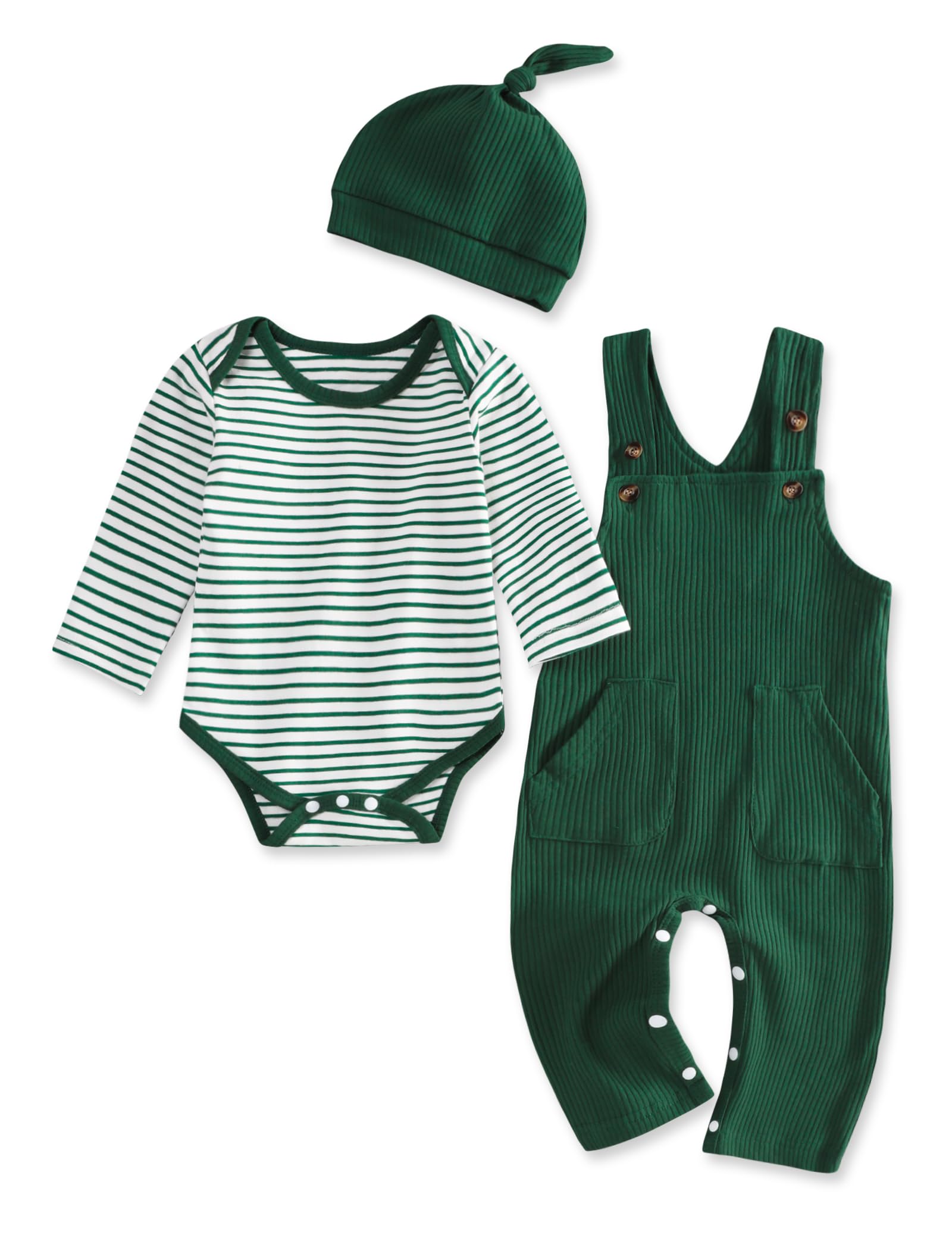 Adorable 0-18 Months Baby Boy Outfits - Striped Romper Top & Overalls Set with Matching Hat | Soft Cotton Newborn Clothes for Playtime, Photos & Everyday Wear