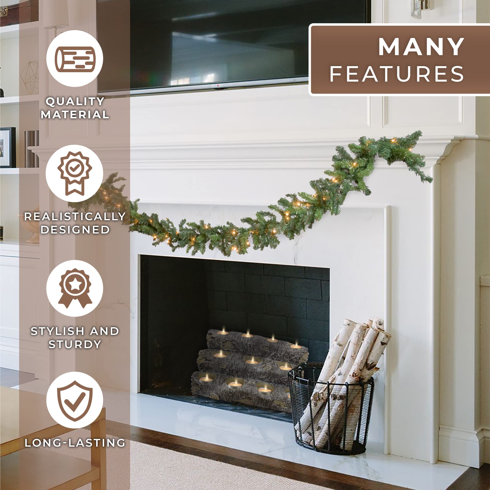 Castaway Faux Fireplace Logs with LED Lights - Realistic Wood Log Candle Holder Set Includes 12 Fireplace Candles - Rustic Home Decor for Living Room, Bedroom, and Cozy Winter Ambiance