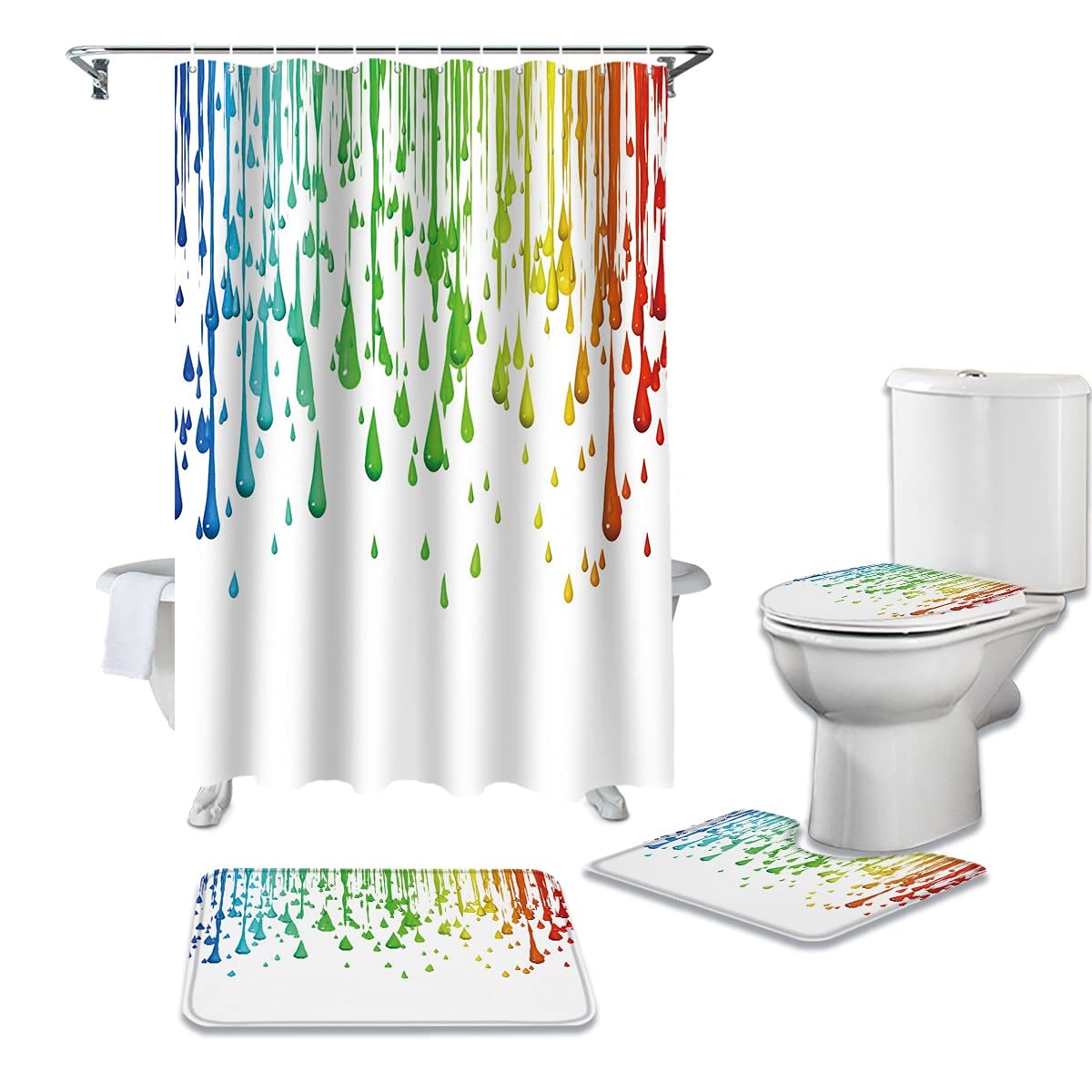 4-Piece Water Drop Shower Curtain Set with Matching Bath Mat & Carpet - Modern Bathroom Decor for Home, Spa & Hotel Use