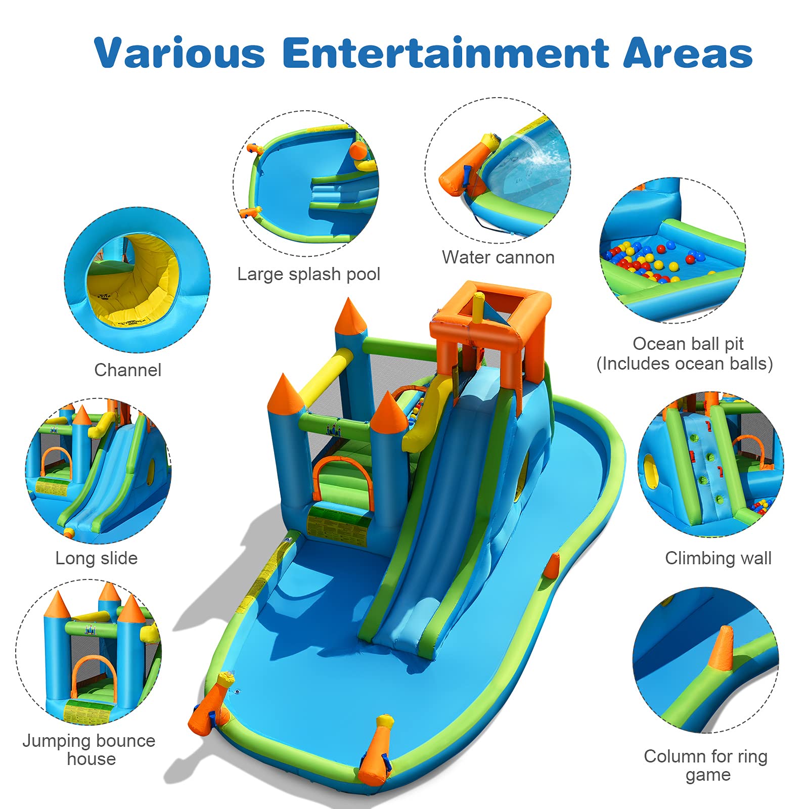 BOUNTECH Inflatable Kids Slide Bounce House with Ball Pit - Wet & Dry Combo Outdoor Playhouse for Backyard Parties, Hide & Seek Cave, Water Slides for Summer Fun - Perfect Birthday Gift for Toddlers & Children (Great for Backyards, Parks, and Indoor Play Areas)