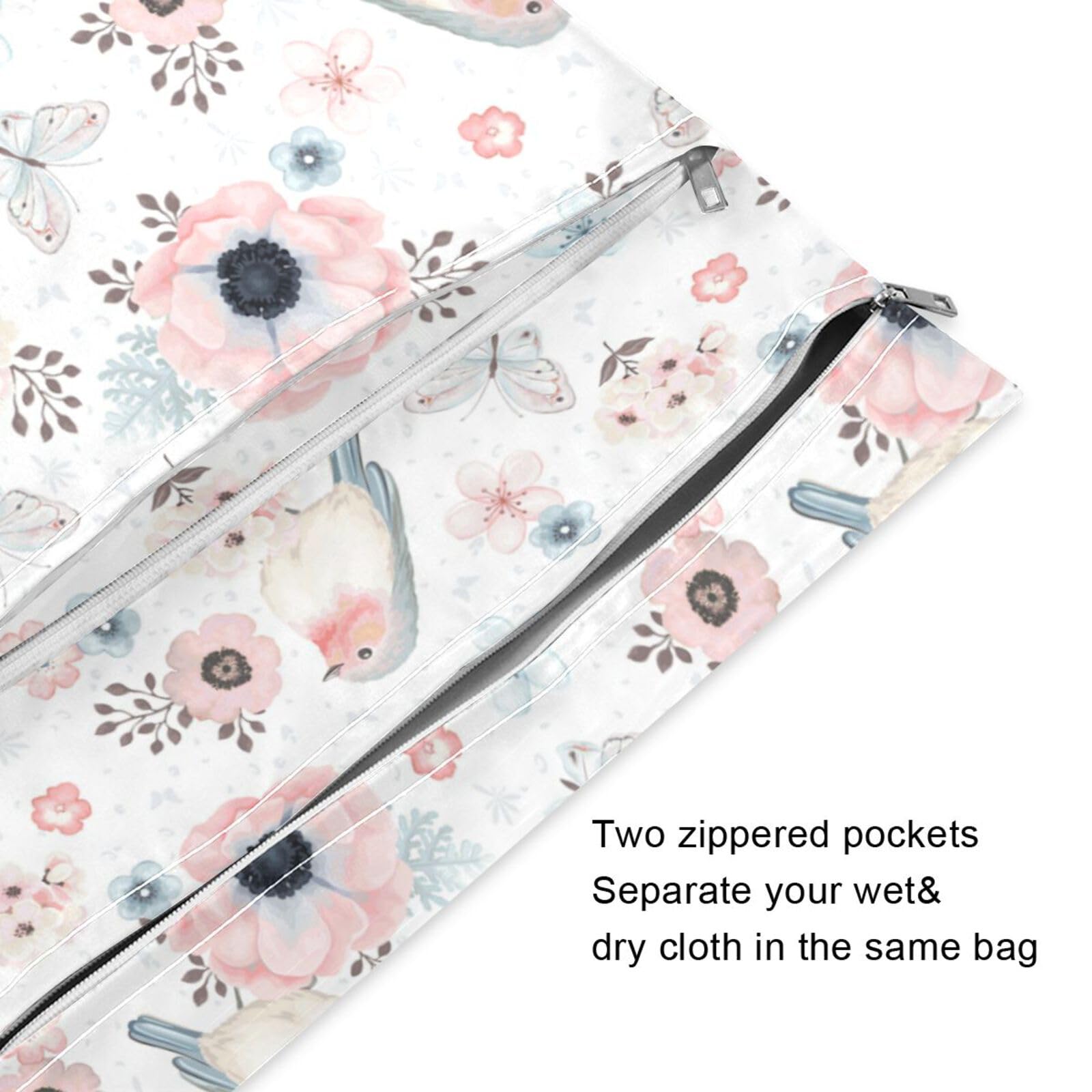**Susiyo 2 Pack Waterproof Wet Dry Bags - Reusable Cloth Diaper & Swimsuits Storage with Two Zippered Pockets | Cute Birds & Butterfly Pink Flowers Design | Perfect for Baby Stroller, Travel, Beach, Pool, Gym & Dirty Clothes**