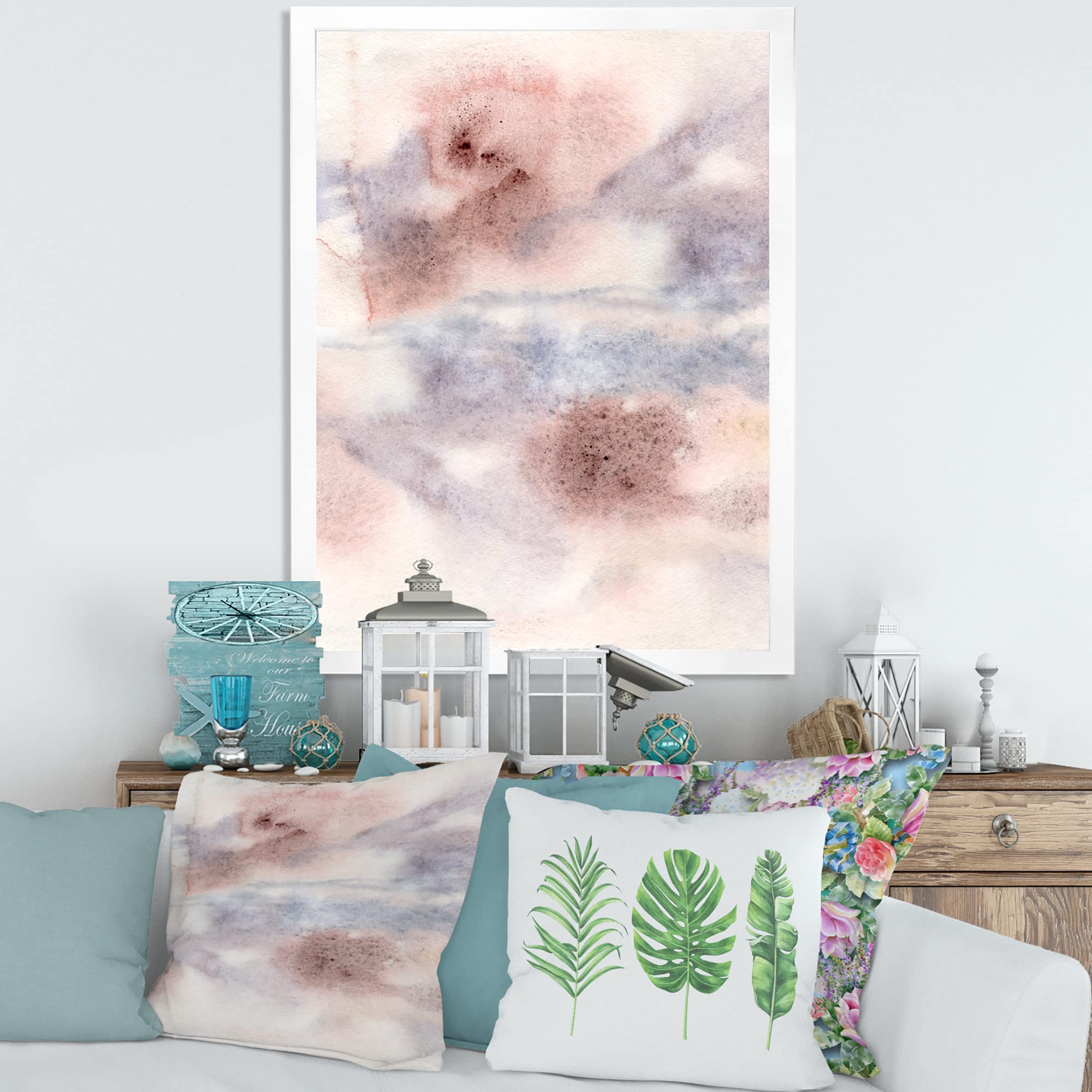 Pastel Abstract Wall Art with Blue Pink Gray & Red Spots - Modern Framed Canvas Painting for Living Room, Bedroom & Office Decor