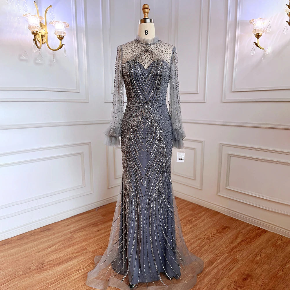 Elegant Purple Mermaid Evening Gown with High Neck & Long Sleeves - Beaded Luxury Women's Party Dress for Prom, Wedding & Formal Events | LA71690