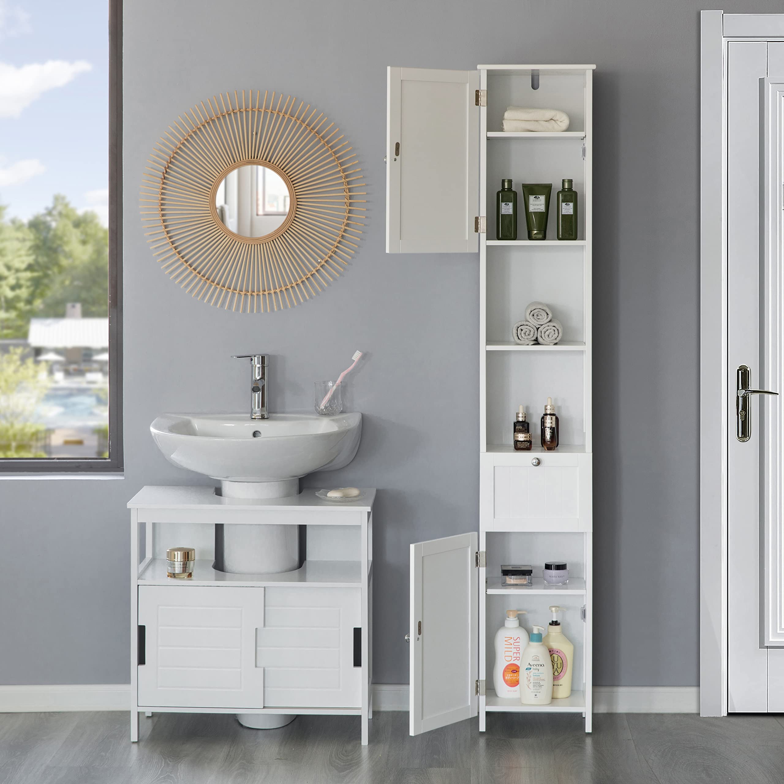 Basicwise White Tall Standing Linen Tower Storage Cabinet - Organize Bathroom & Vanity Essentials - Perfect for Towels, Toiletries & Cosmetics Storage