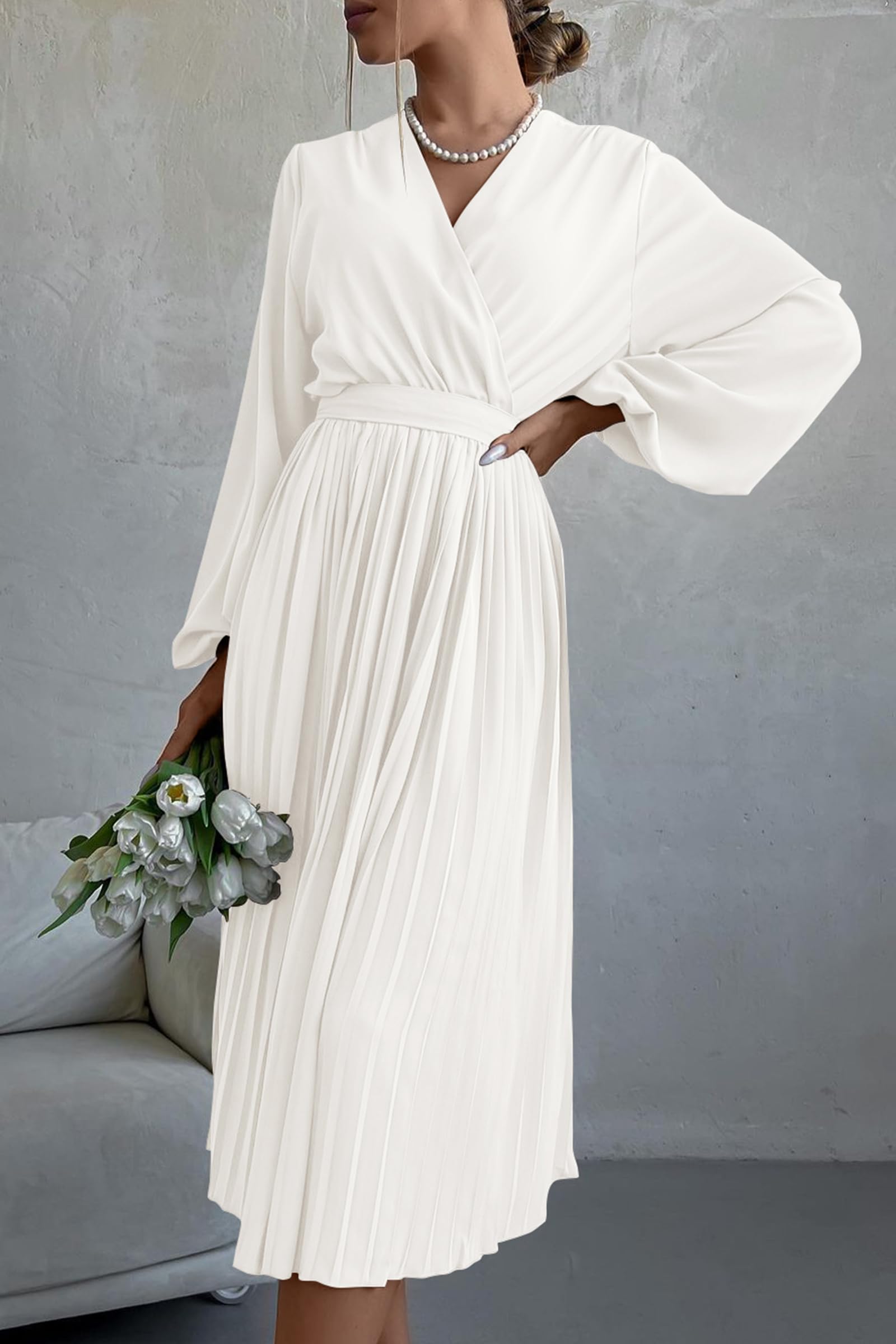 PRETTYGARDEN Women's Spring & Fall Midi Dress with Long Puff Sleeves, Wrap V-Neck, Flowy Ruffle Pleated Design - Perfect for Casual Outings, Date Nights & Office Wear