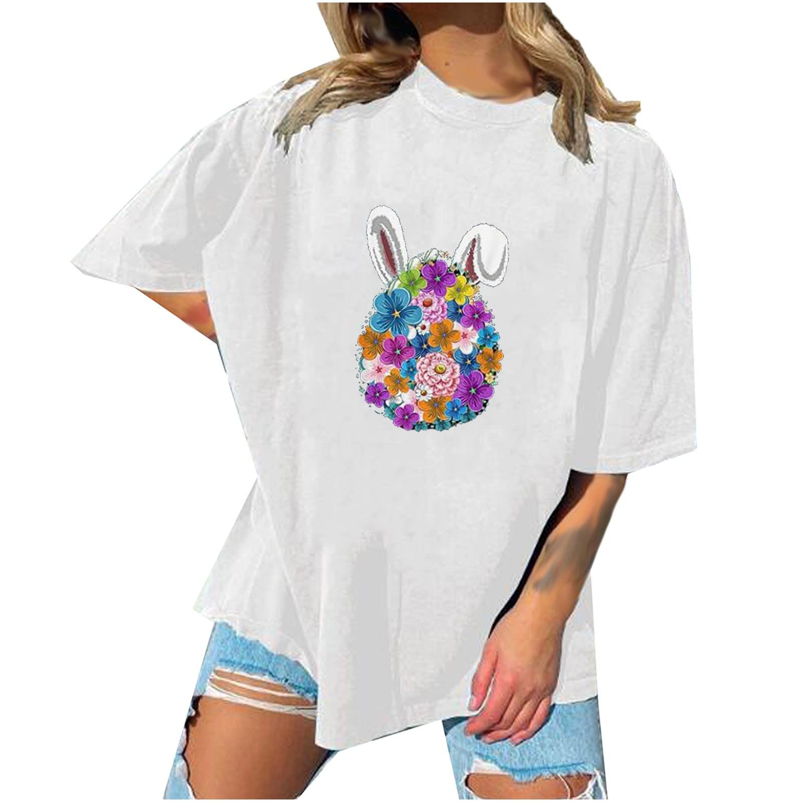 Funny Happy Easter Eggs Women's T-Shirt - Cute Easter Graphic Tee, Summer Short Sleeve Blouse, Round Neck Oversized T-Shirt for Women - Perfect for Easter Celebrations, Spring Outfits & Casual Wear
