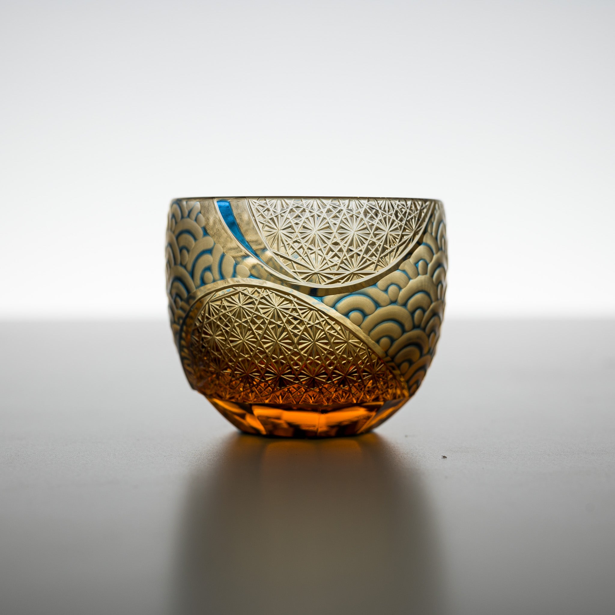 Premium Yamada Crystal Glass Sake Cups - Handcrafted Wave Design in Amber & Blue - Perfect for Japanese Sake, Cocktails, and Elegant Dining Experiences