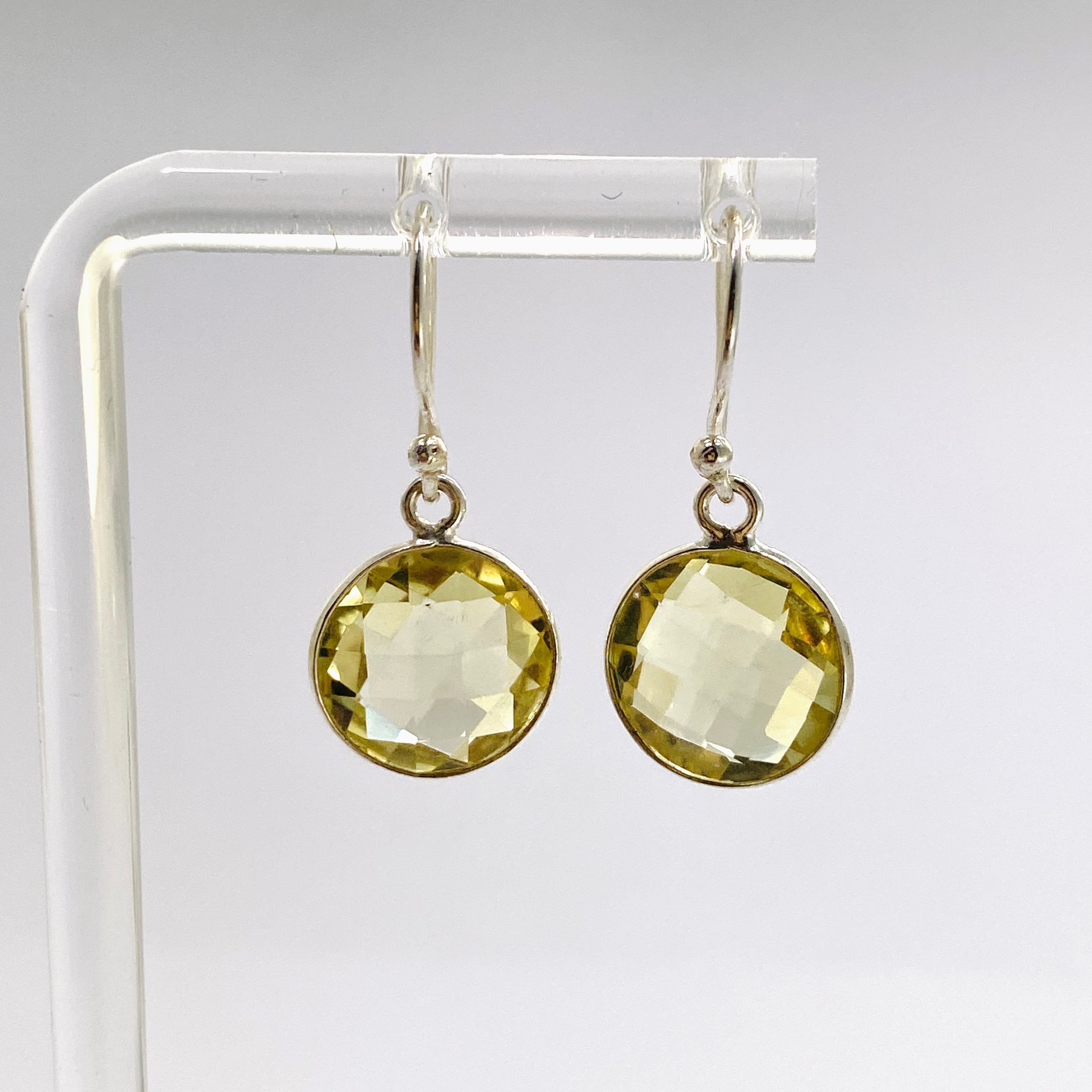 Lemon Quartz Round Checkerboard Faceted Stud Earrings for Women - Elegant Dangle Jewelry for Party, Wedding & Everyday Wear (PEGJ335)
