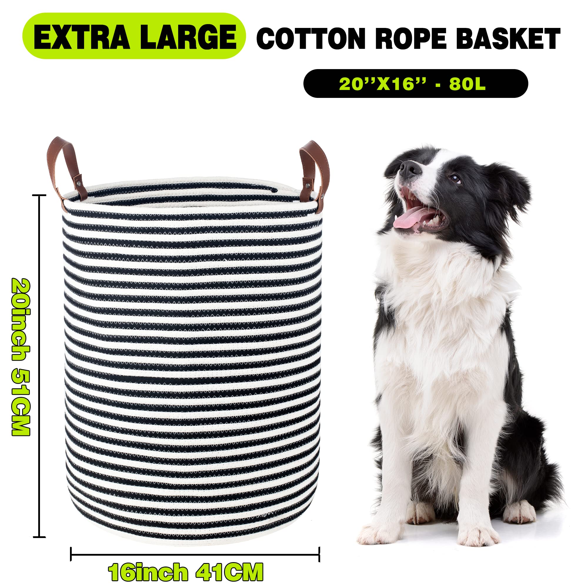Twira Extra Large 20x16 Inches Cotton Rope Storage Basket with Leather Handle - Woven Baby Laundry, Blanket & Toy Organizer - Perfect for Nursery, Yoga Mat & Towel Storage (Black Stripes)