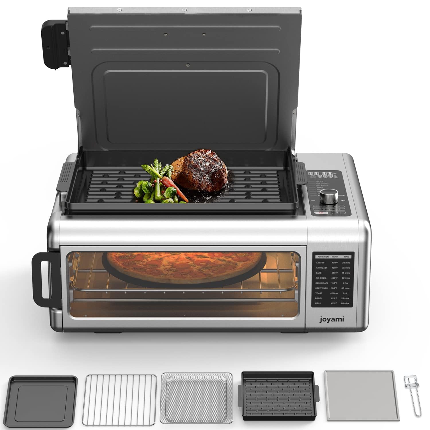 JOYAMI 18QT 1600W Air Fryer Toaster Oven Combo with See-Through Window - 6-in-1 Countertop Convection Oven for Air Frying, Baking, Grilling, Dehydrating, Toasting - Includes 6 Nonstick Accessories - Perfect for Small Kitchens, Dorms & Healthy Cooking
