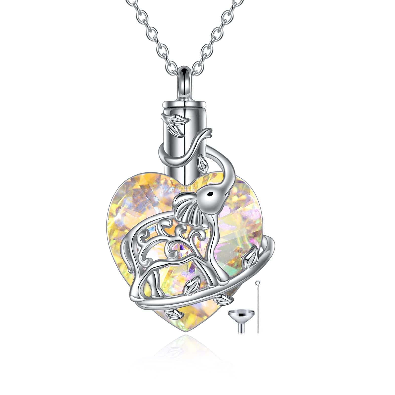 YFN Elephant Heart Crystal Urn Necklace for Ashes - Sterling Silver Cremation Jewelry with Crystal - Memorial Keepsake Gift for Women - Perfect for Honoring Loved Ones & Special Occasions
