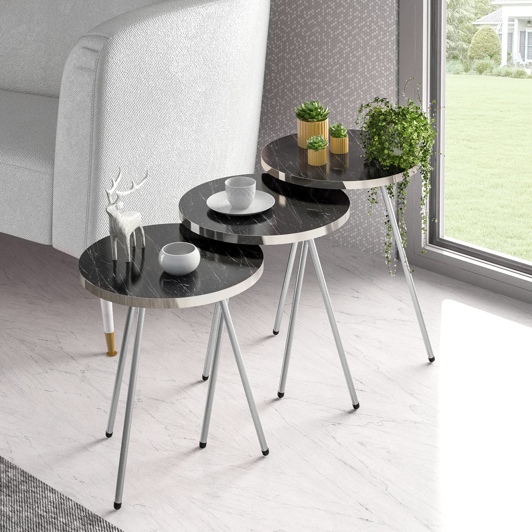 3-Piece Round Nesting Coffee Tables Set - Stackable Side Tables for Small Spaces, Nightstand & Bedside Table for Living Room, Bedroom, Balcony - No Tools Assembly (Black Marble/Silver) | Perfect for Apartments, Dorms & Cozy Spaces