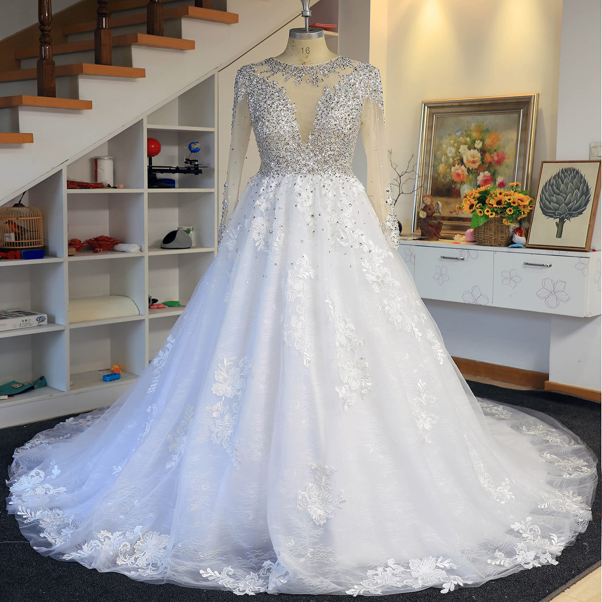 Ivory White Long Sleeve Beaded Crystal Wedding Dress with Lace Long Train - Elegant Bridal Gown for Church Ceremony, Beach Wedding, and Formal Reception