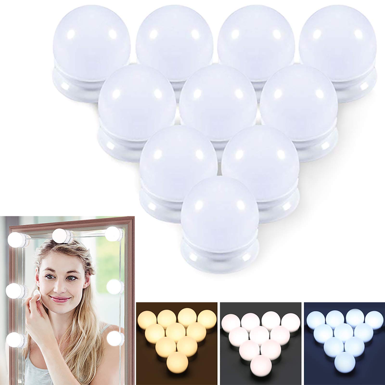 Hollywood LED Makeup Mirror Lights - 10 Dimmable Bulbs, 3 Color Modes for DIY Vanity & Bathroom Lighting