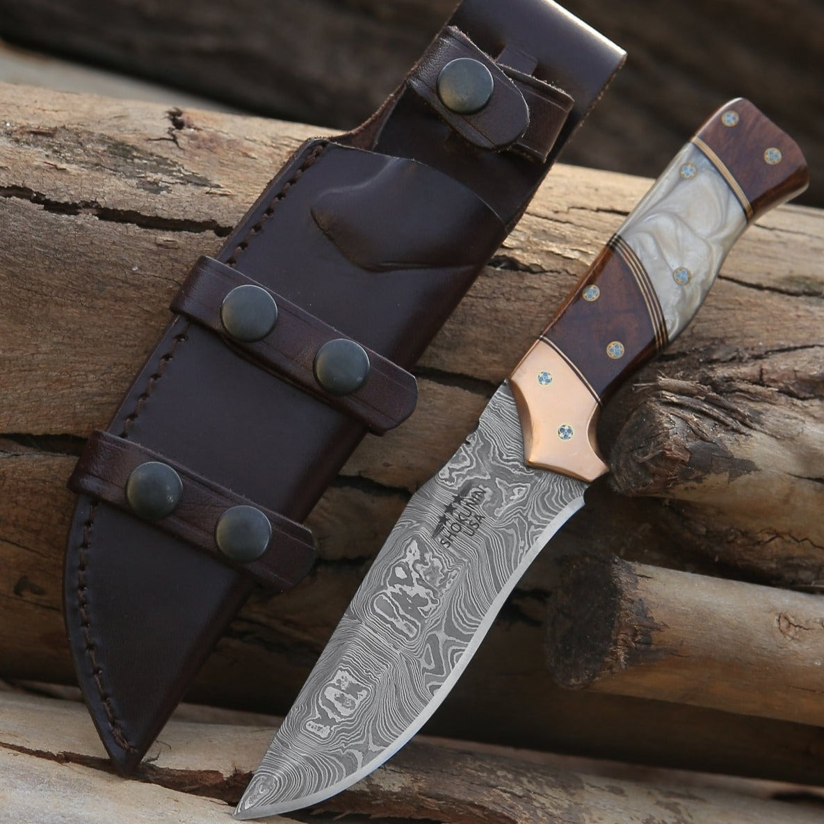 Premium Damascus Steel Hunting Knife with Mother of Pearl Inlay, Exotic Rosewood & Copper Handle - Perfect for Outdoor Adventures, Camping, and Survival Gear