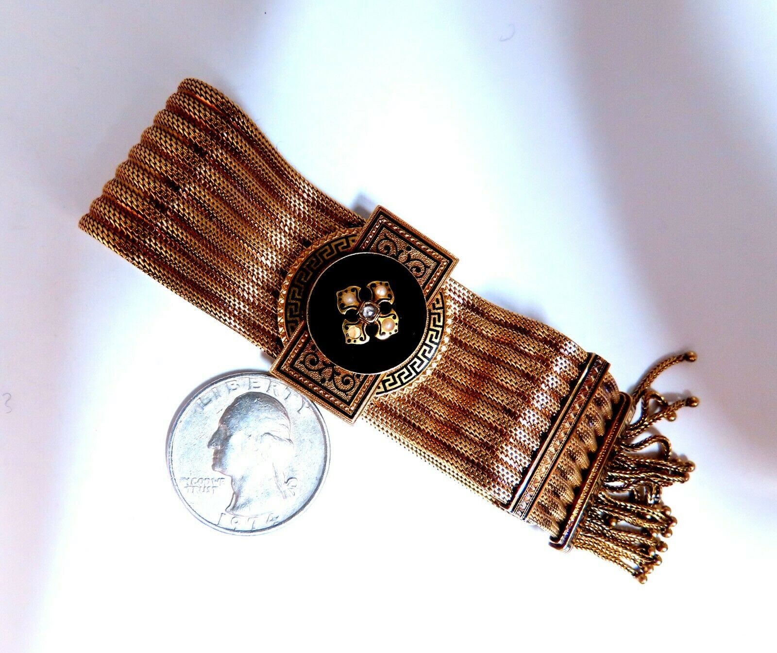 Vintage European Slide Cuff Bracelet - 14K Gold Adjustable Chain with Tassel Charm | Elegant Antique Jewelry for Women | Perfect for Weddings, Parties & Special Occasions