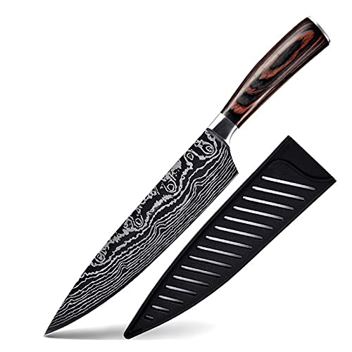 Premium Damascus Steel Knife Set - 10-Piece Professional Chef Knives with Laser Etched Pattern, 5Cr15MoV Stainless Steel Kitchen Cutlery Set - Ideal for Home Cooking, Restaurant Use & Gift Giving (1-Piece Value Set S)