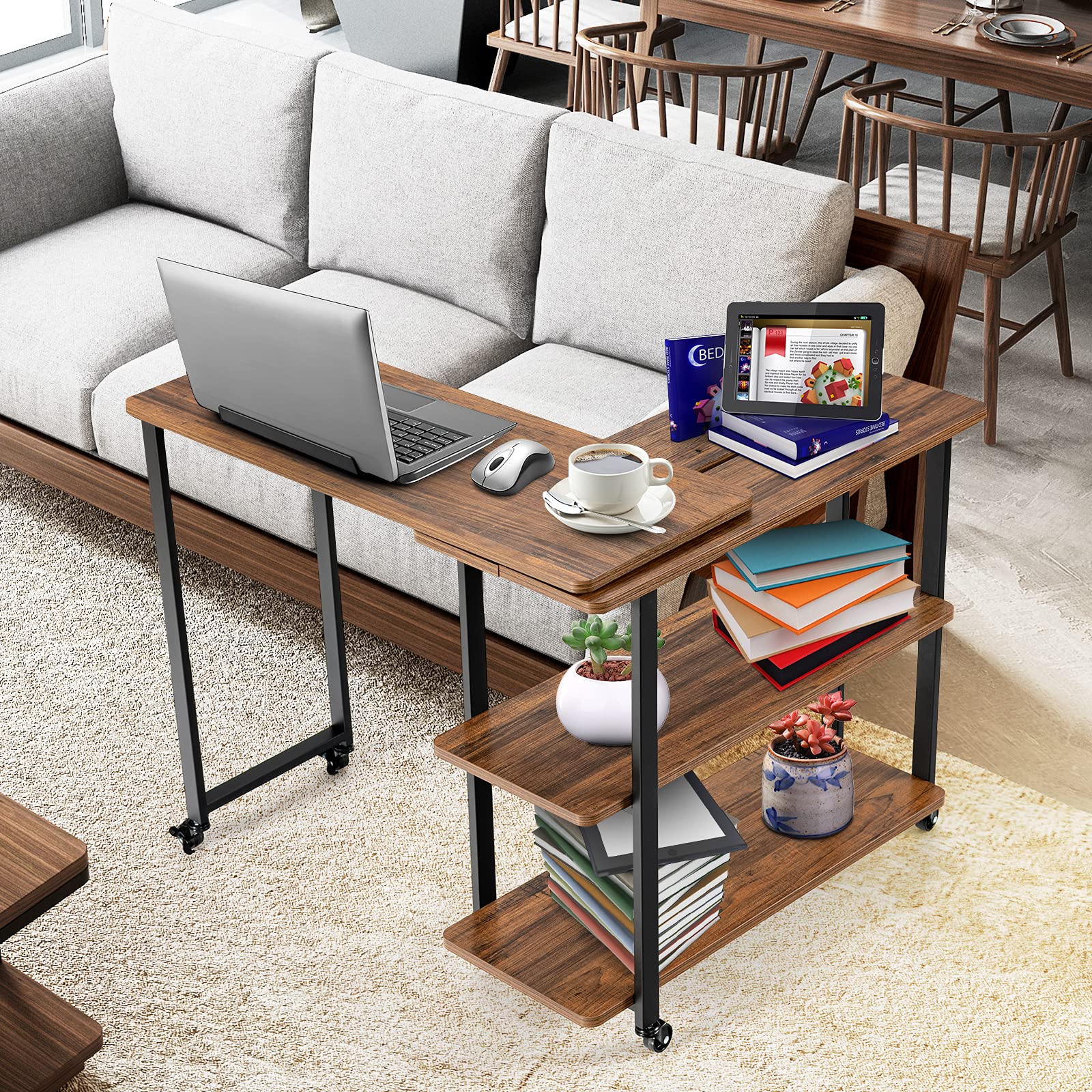 Tangkula 360° Rotating Side Table for Couch - 2-Tier Mobile Laptop Desk with Sturdy Metal Frame, Snack Table for Living Room, Bedroom & Home Office - Perfect for Working, Reading & Relaxing (Brown)