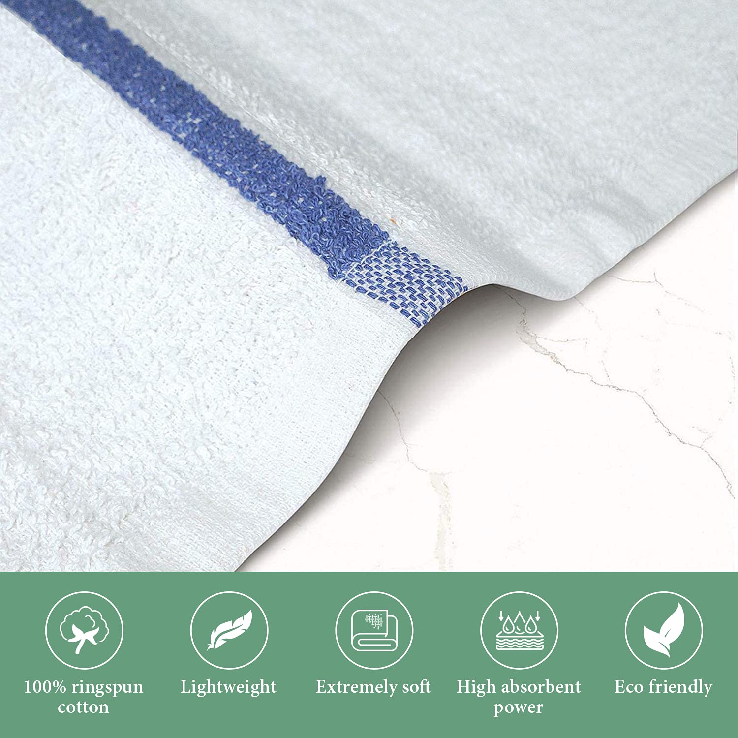 Bar Mop Blue Stripe Kitchen Towels - Pack of 36 (16x19 Inches, 6 lbs) | 100% Cotton, Double Stitched, Super Absorbent Dish Towels & Washcloths Set | Perfect for Restaurants, Catering & Home Kitchen Use