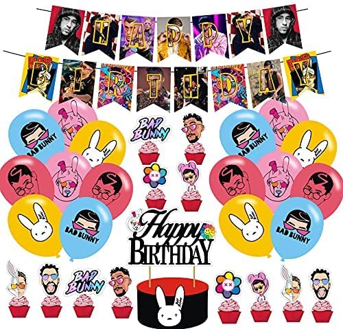Bad Rapper Bunn Party Decorations Set - Bunny Theme Latex Balloons, Banners & Cupcake Toppers for Kids & Adults Birthday Celebrations - Perfect for Easter, Baby Showers & Themed Parties