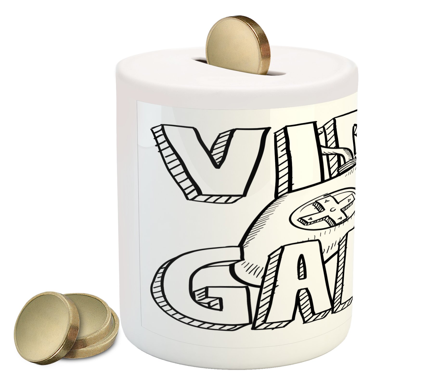 Lunarable Ceramic Piggy Bank - Doodle Style Video Game Controller Design, 3.6x3.2 Inch White & Black Money Box for Cash Savings | Perfect Gift for Gamers & Collectors (Ideal for Birthday Presents, Office Decor, and Kids' Savings)
