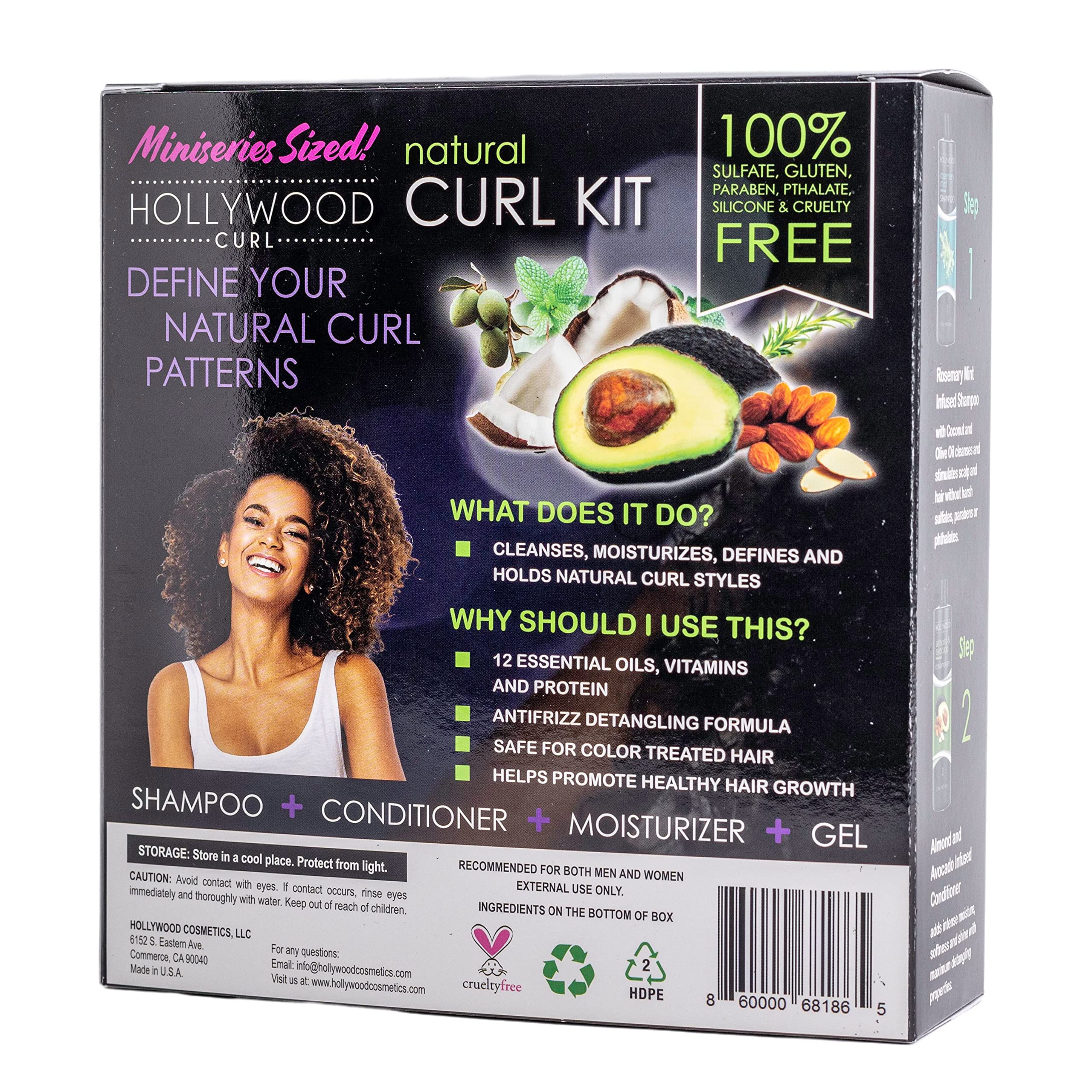 Hollywood Curl 4-Pack Natural Curl Styling Kit for Women & Men - Wavy & Frizzy Hair Control with Essential Oils, Vitamins & Protein - Includes Shampoo, Conditioner, Curling Cream & Styling Gel - Perfect for Daily Hair Care & Salon-Quality Styling at Home