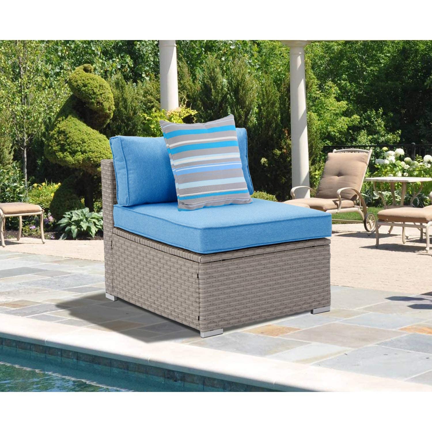 Sunbury Outdoor Patio Sectional Sofa Chair - Blue Wicker Armless Seat with Psychedelic Pillow - Elegant Garden & Backyard Furniture for Porch, Poolside & Outdoor Relaxation