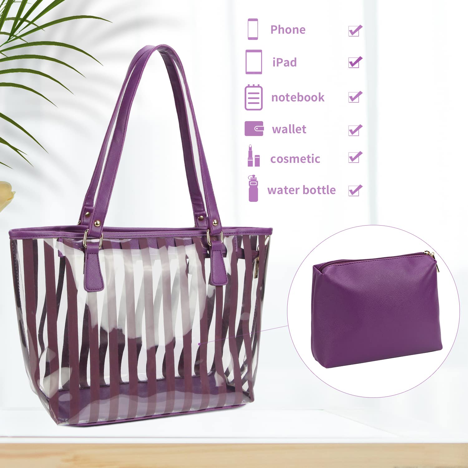 2 in 1 Semi Clear Beach Tote Bag - Large Waterproof Shoulder Purse with Interior Pouch for Women | Perfect for Pool, Beach, Gym & Travel Essentials
