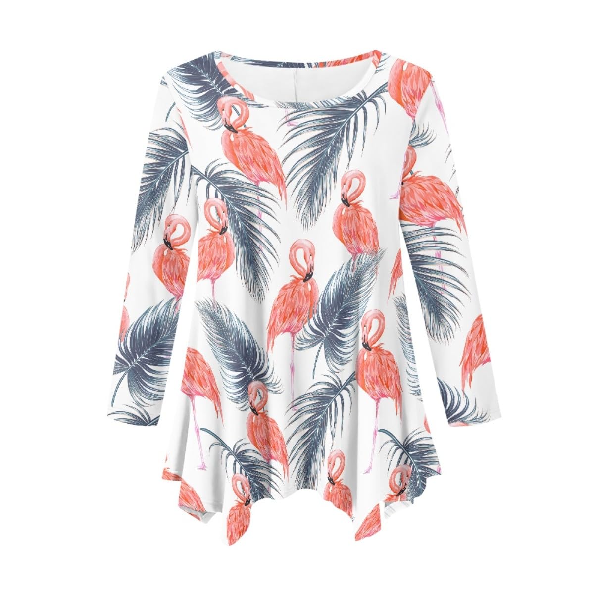 ENLACHIC Women's Hawaiian Flamingo Print Tunic Top - Long Sleeve Asymmetrical Flowy Tropical Blouse for Plus Size - Perfect for Beach Vacations, Summer Parties & Casual Outings