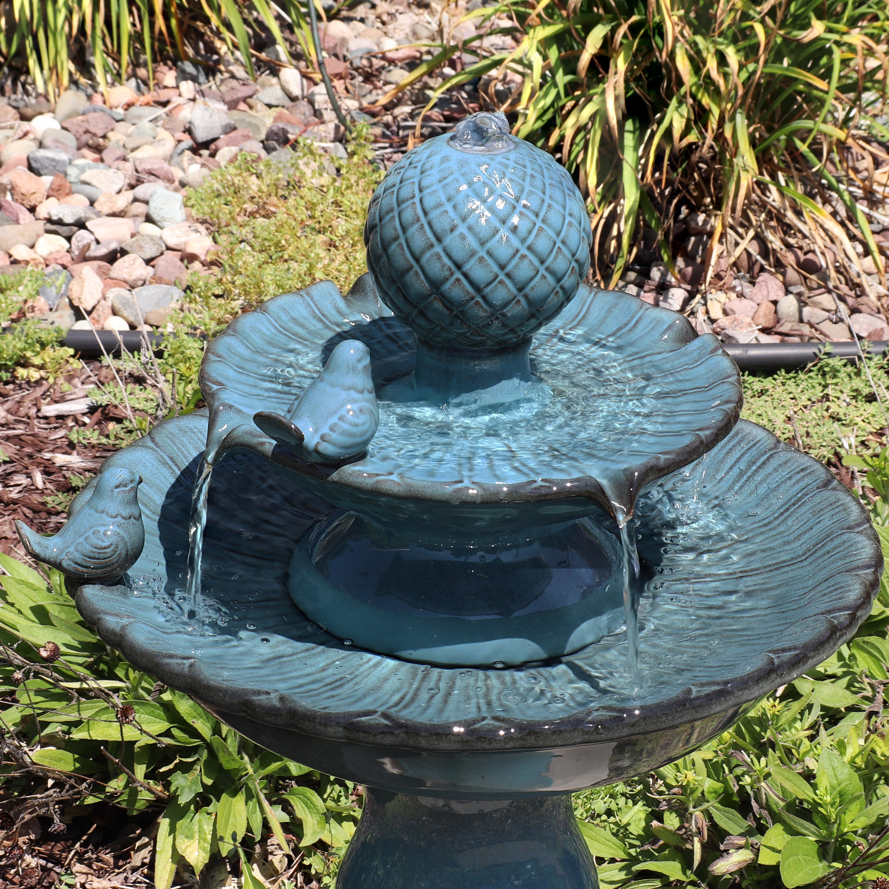 Sunnydaze 2-Tier Ceramic Outdoor Water Fountain with Resting Birds - 27 Inch Garden Decor for Patio, Yard & Backyard - Relaxing Water Feature for Outdoor Spaces