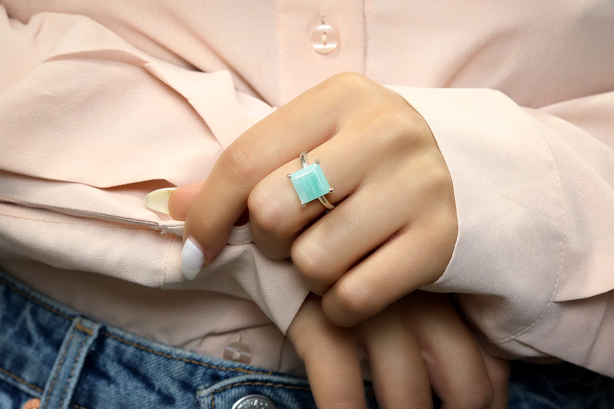 Amazonite Gemstone Ring - Customizable Square Anemone Ring for Women - Handmade Dainty Jewelry, Fashion & Engagement Ring - All Sizes Available - Perfect for Everyday Wear, Special Occasions & Gifts