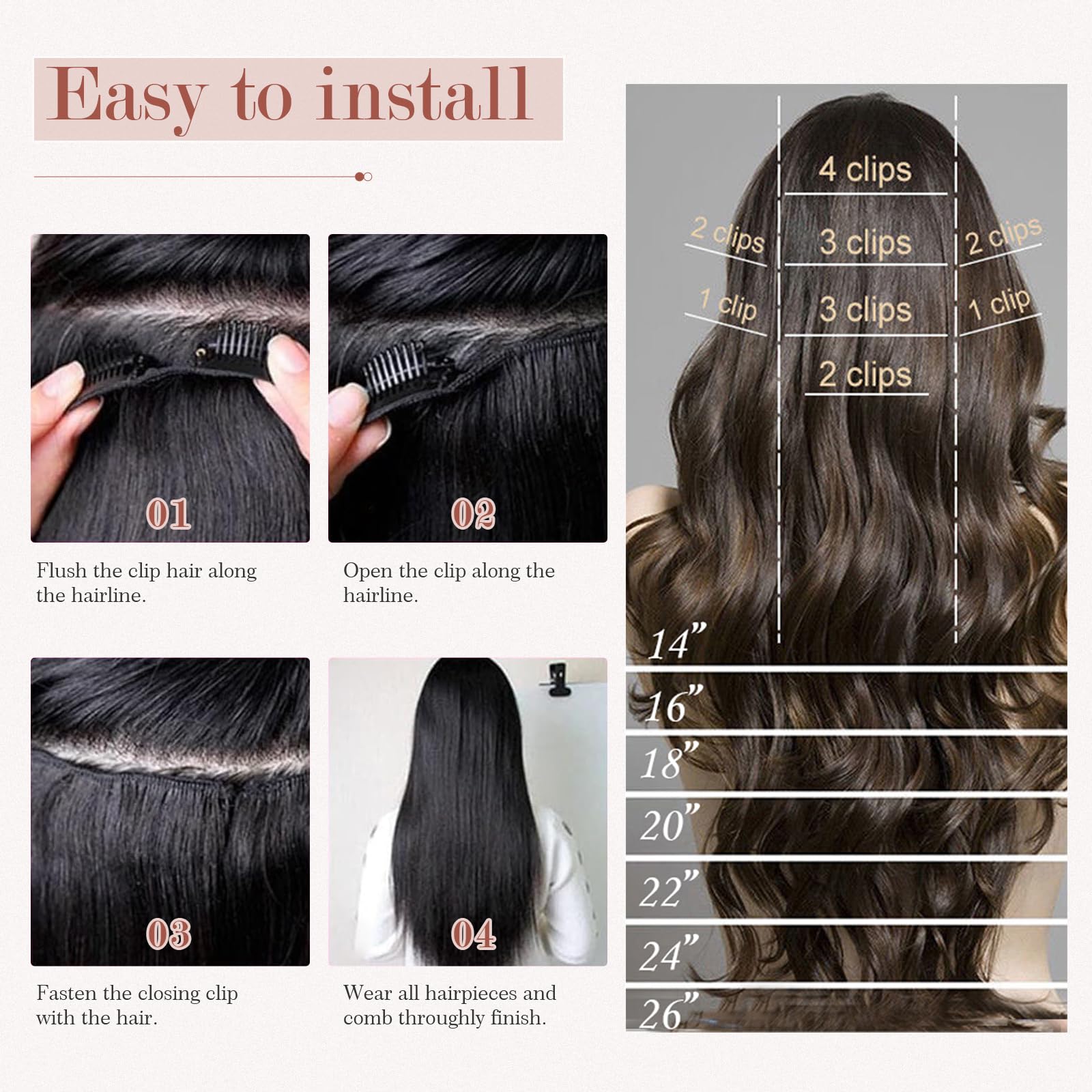 8Pcs 18Clips Full Head Clip-in Human Hair Extensions 24