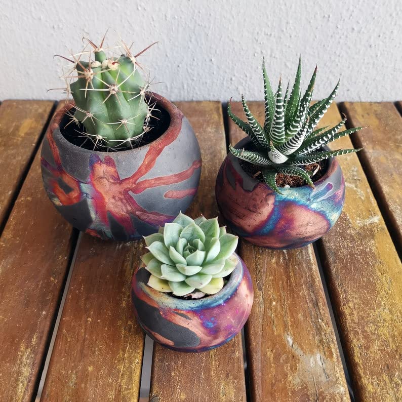 RAAQUU Tsuchi 3-Piece Mixed Finish Raku Ceramic Planter Set - Handmade Pottery for Indoor Plants, Cactus & Succulents - 10cm Unique Home Decor Gift for Housewarming, Wedding & Office Decor