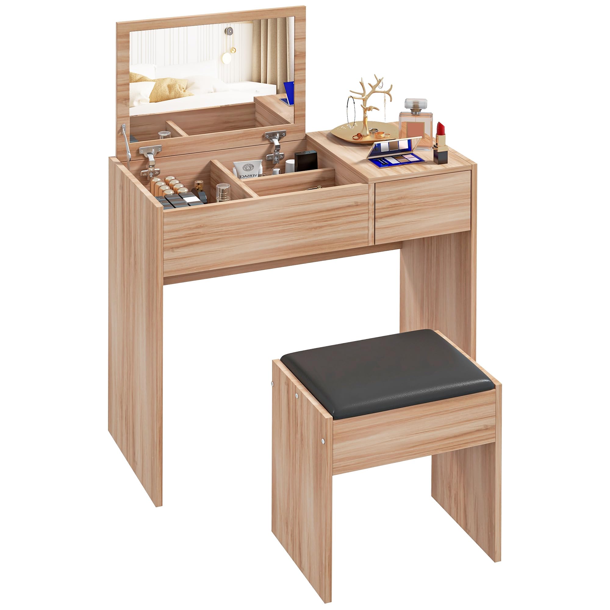 HOMCOM Makeup Vanity Table with Stool, Flip Top Mirror & Storage Boxes, 80x40x79cm & 40x30x40cm, Natural Wood - Perfect for Bedroom, Dressing Room & Beauty Salon Organization