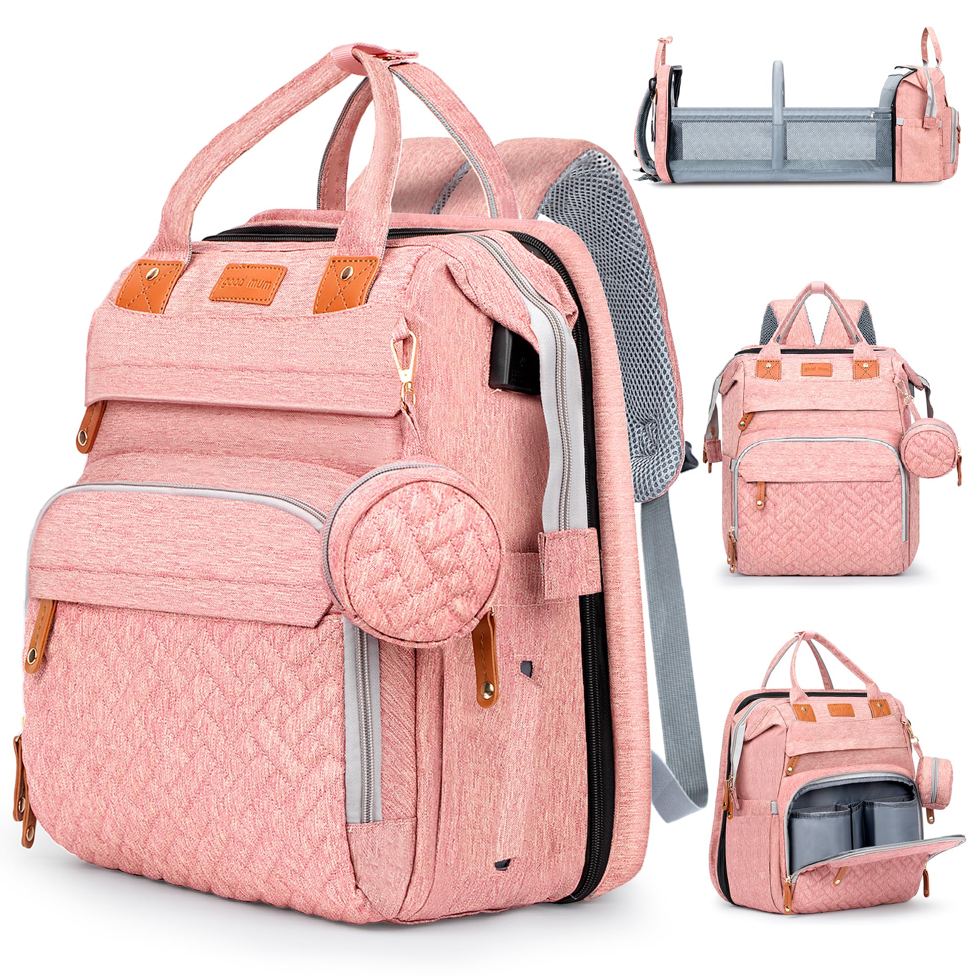 JOYCE Large Diaper Backpack with Changing Station - Multi-functional Baby Bag for Travel & Daily Use - Spacious & Stylish Pink Diaper Bag - Perfect Gift for New Moms & Newborns - Ideal for Daycare, Outings & Family Trips