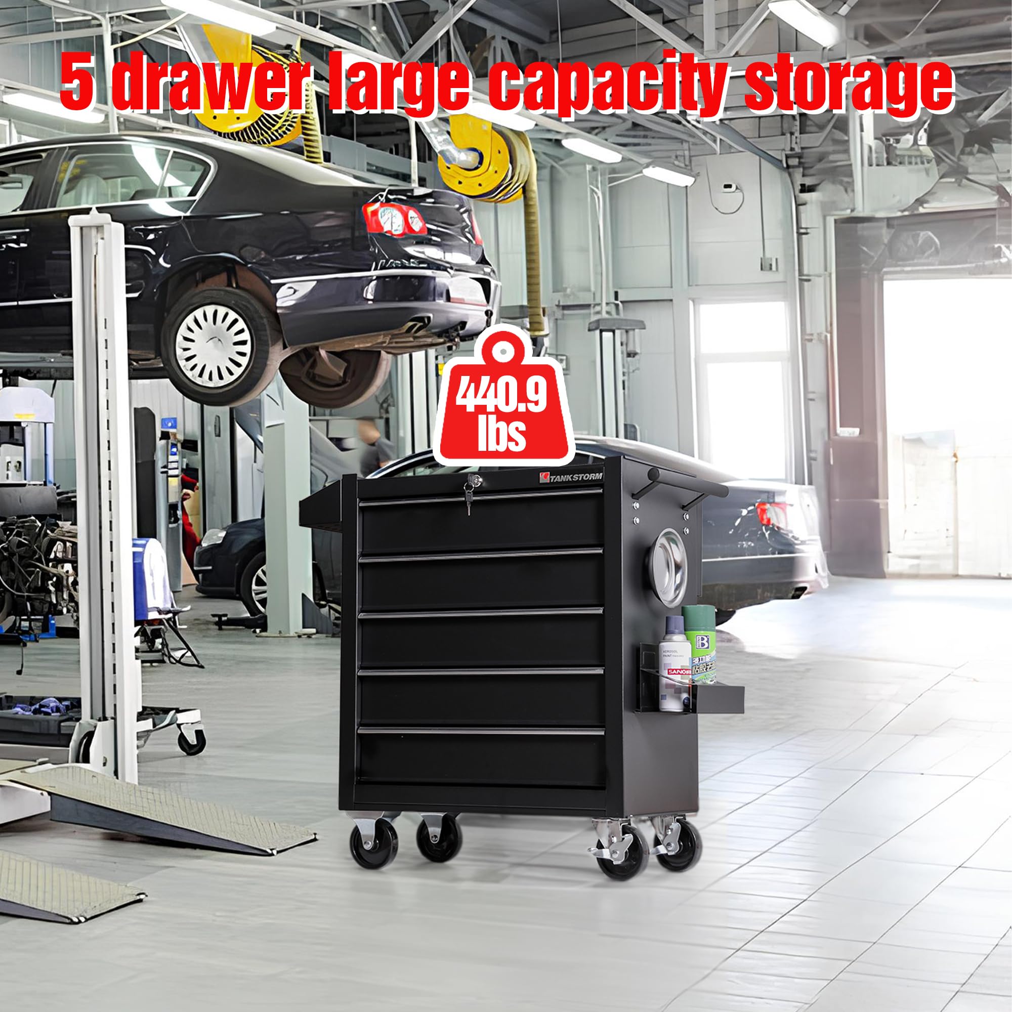 Heavy Duty 5-Drawer Steel Rolling Tool Chest Cart with Lockable Drawers - TZ35-BK Tool Box for Garage, Workshop & Professional Mechanics