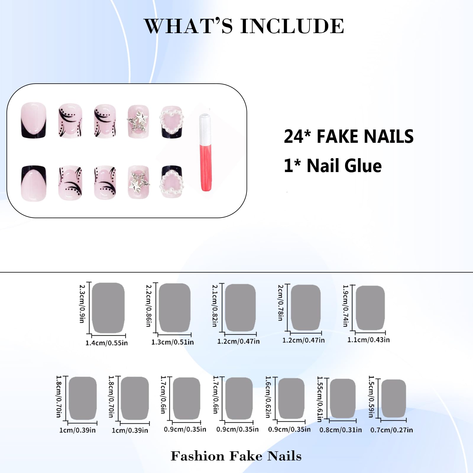 24Pcs Short Press on Nails Kit - Square Black & White French Tips with Heart Charms & Pearl Designs | Glossy Full Cover Gel Artificial Nails | Easy Glue On False Nails for Women & Girls | Perfect for Parties, Weddings & Daily Wear