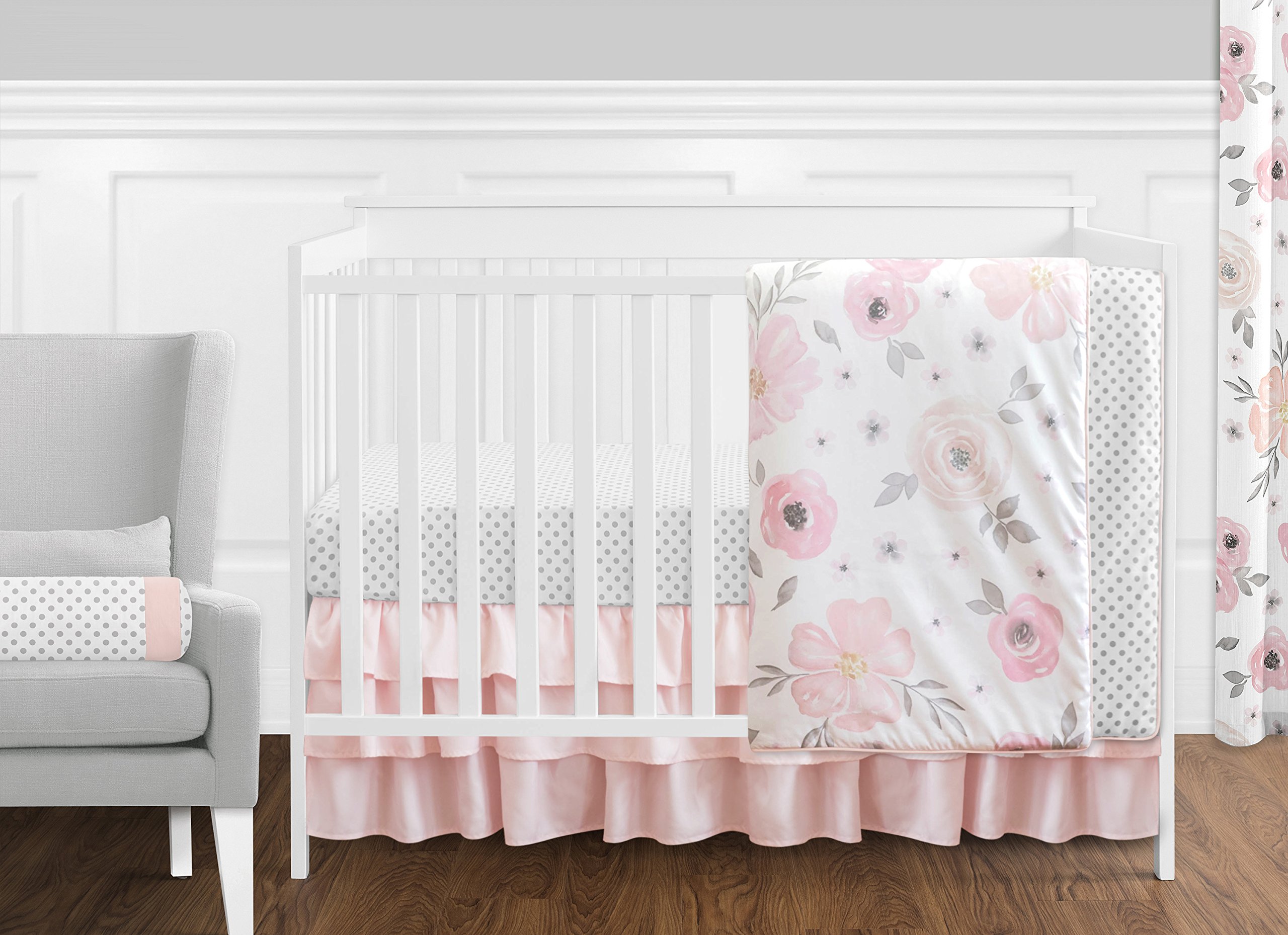 Sweet Jojo Designs 11-Piece Blush Pink, Grey & White Watercolor Floral Baby Crib Bedding Set with Rose Flower Polka Dot Patterns - Soft Nursery Bedding for Girls, Perfect for Newborns, Baby Showers & Nursery Decor