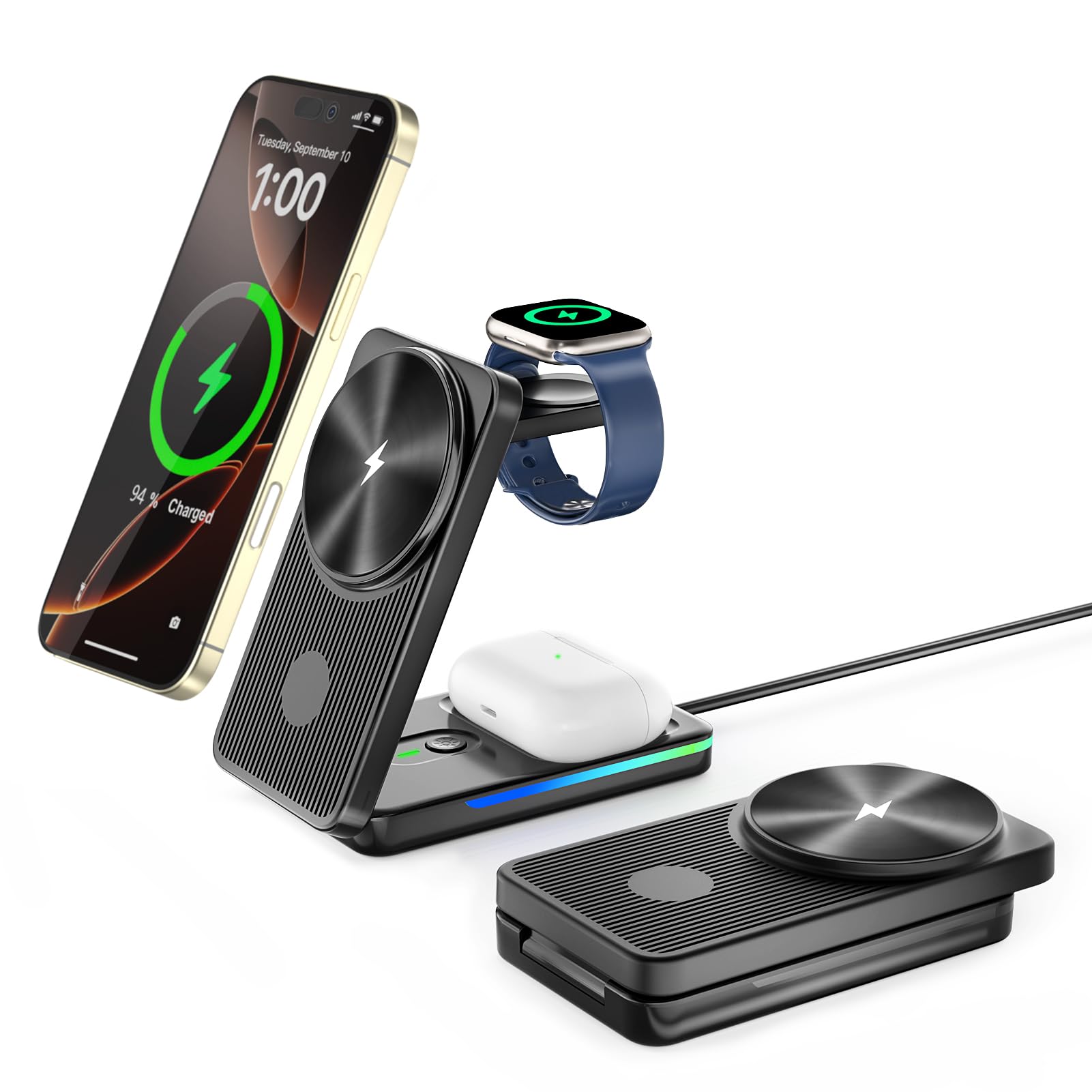 3-in-1 Magnetic Wireless Charging Station for iPhone 16 Pro Max/15/14/13/12, Apple Watch & AirPods - Foldable Fast Charger Stand for Bedside, Office & Travel | Qi-Certified Multi-Device Charging Pad
