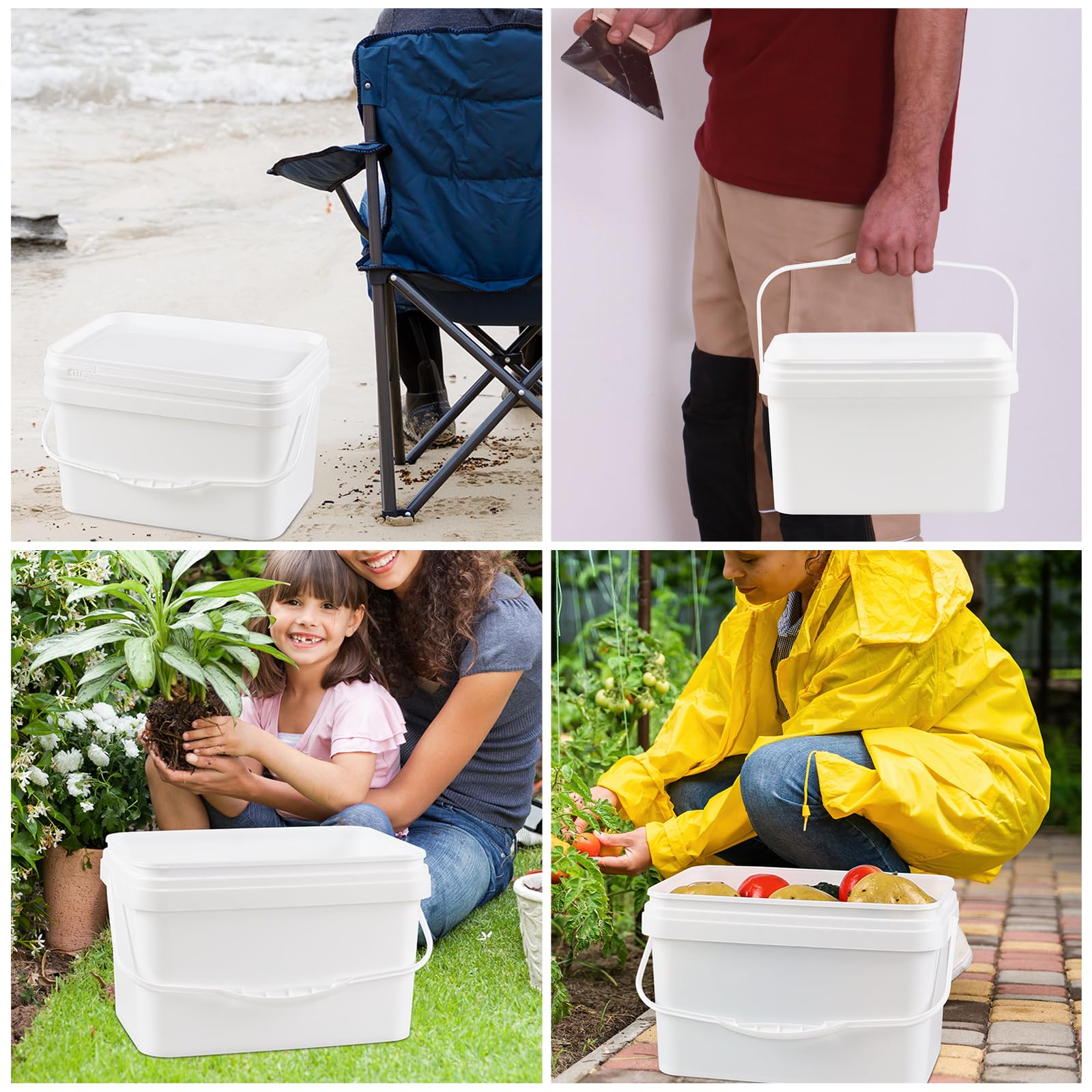3 Gallon White Plastic Square Bucket with Lid - Food Grade Storage Containers (4-Pack) | Durable Rectangular Utility Pails with Handles for Kitchen, Restaurant, and Commercial Use