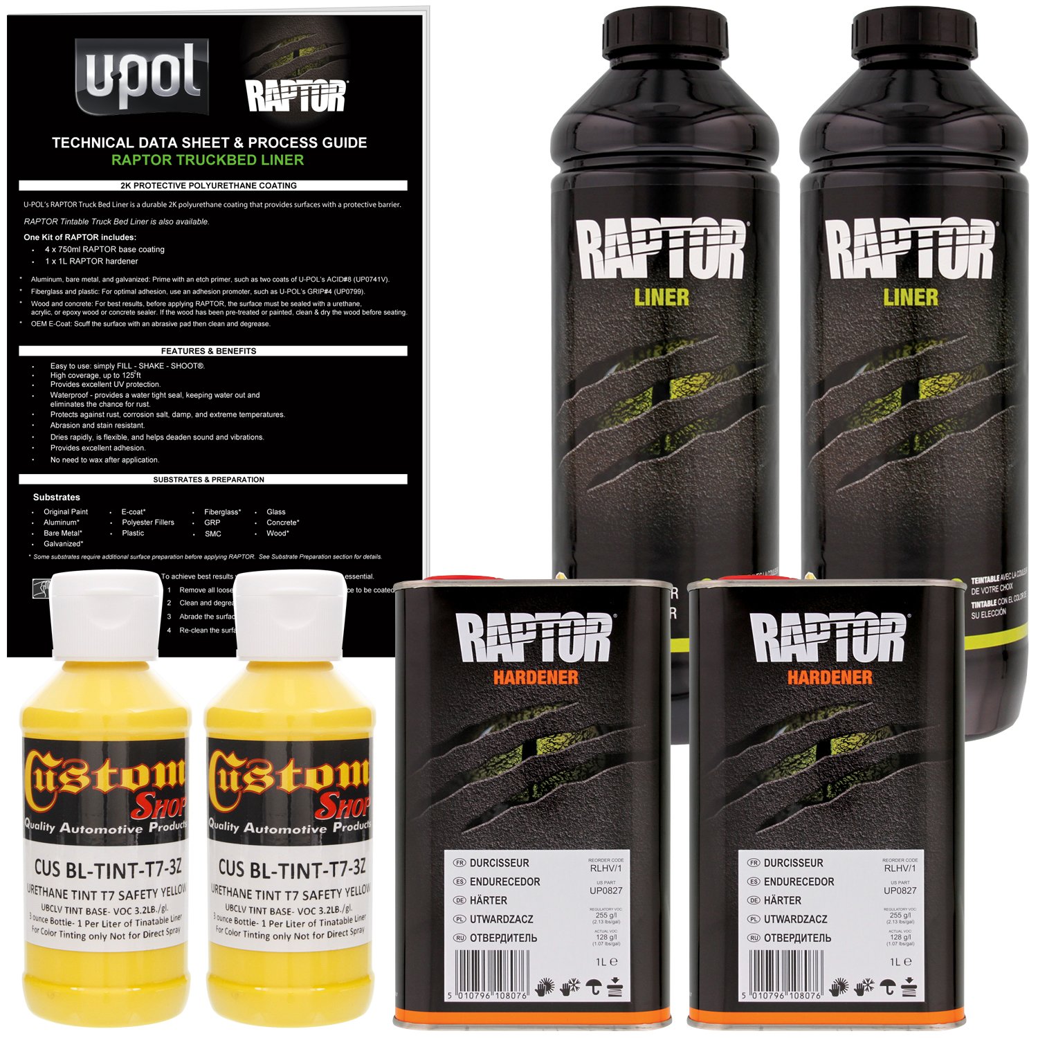 U-POL Raptor Safety Yellow Urethane Truck Bed Liner Spray Kit - 2 Liter Textured Coating for Pickup Trucks, SUVs & Off-Road Vehicles | DIY Protective Coating for Truck Beds, Trailers & Industrial Equipment