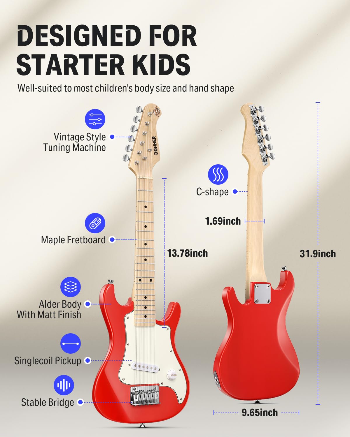 Donner 30 Inch Kids Electric Guitar Beginner Kit - ST Style Mini Electric Guitar for Boys & Girls with Amp, 600D Gig Bag, Digital Tuner, Picks, Cable, Strap & Extra Strings (DSJ-100, Red) - Perfect for Home Practice, Music Lessons & Rockstar Performances