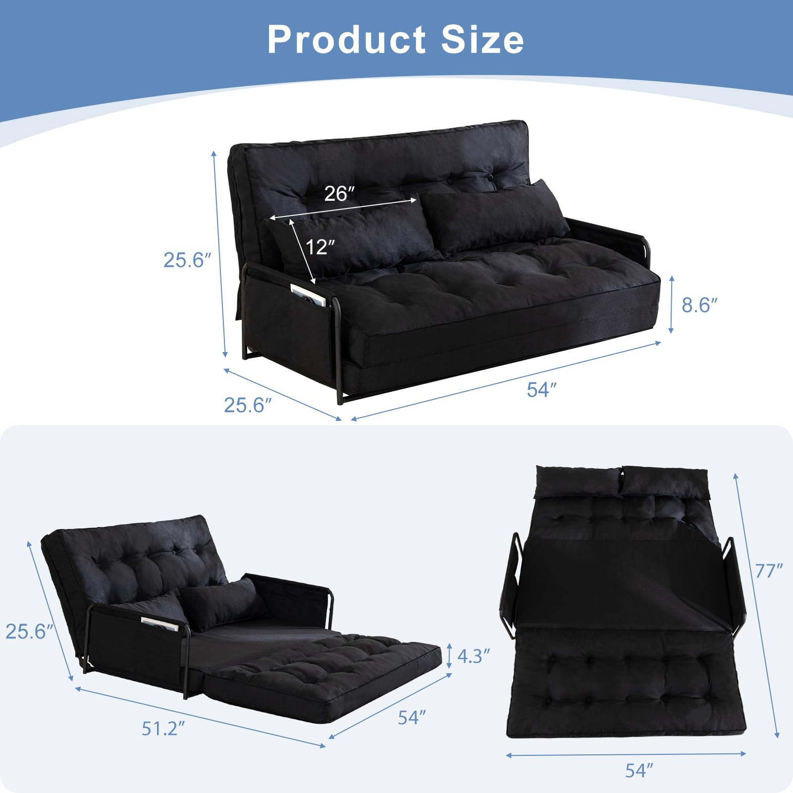 MAXYOYO Adjustable Floor Sofa Bed - Multi Functional Folding Couch with 2 Pillows (Black) | Perfect for Small Spaces, Guest Room & Living Room Lounging