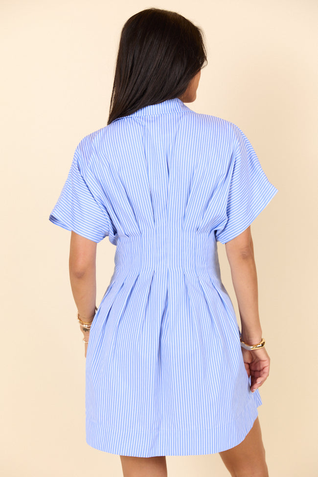 Meet Me In Athens Blue Stripe Cinched Waist Mini Dress - Women's Summer Casual Party Dress for Beach Vacation & Date Night