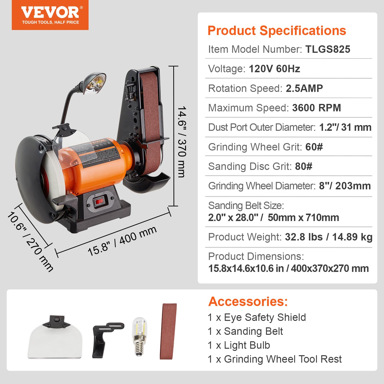 VEVOR 8 Inch Bench Grinder with 2 x 28 Inch Belt Sander Combo, 2.5A Induction Motor for Metal Sharpening, Grinding & Polishing - Perfect for DIY Projects, Knife Sharpening & Metalworking in Home Workshops