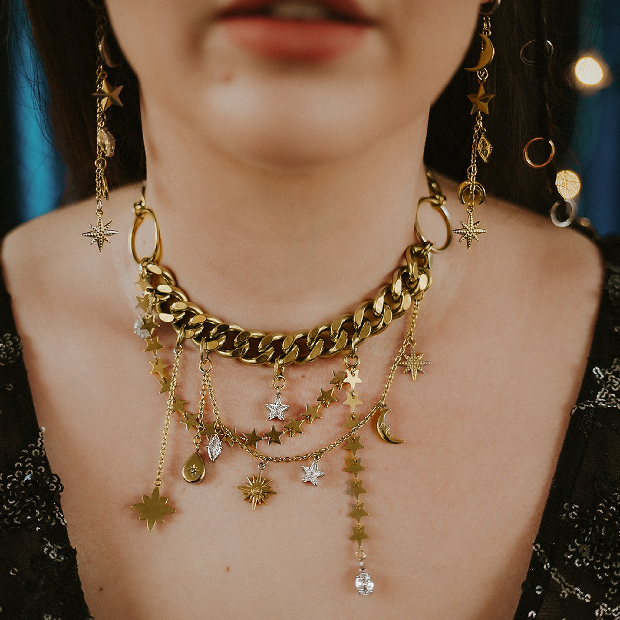 Gold Venera Celestial Choker Necklace - Elegant Layered Star Pendant Collar for Women | Perfect for Date Night, Party & Special Occasions