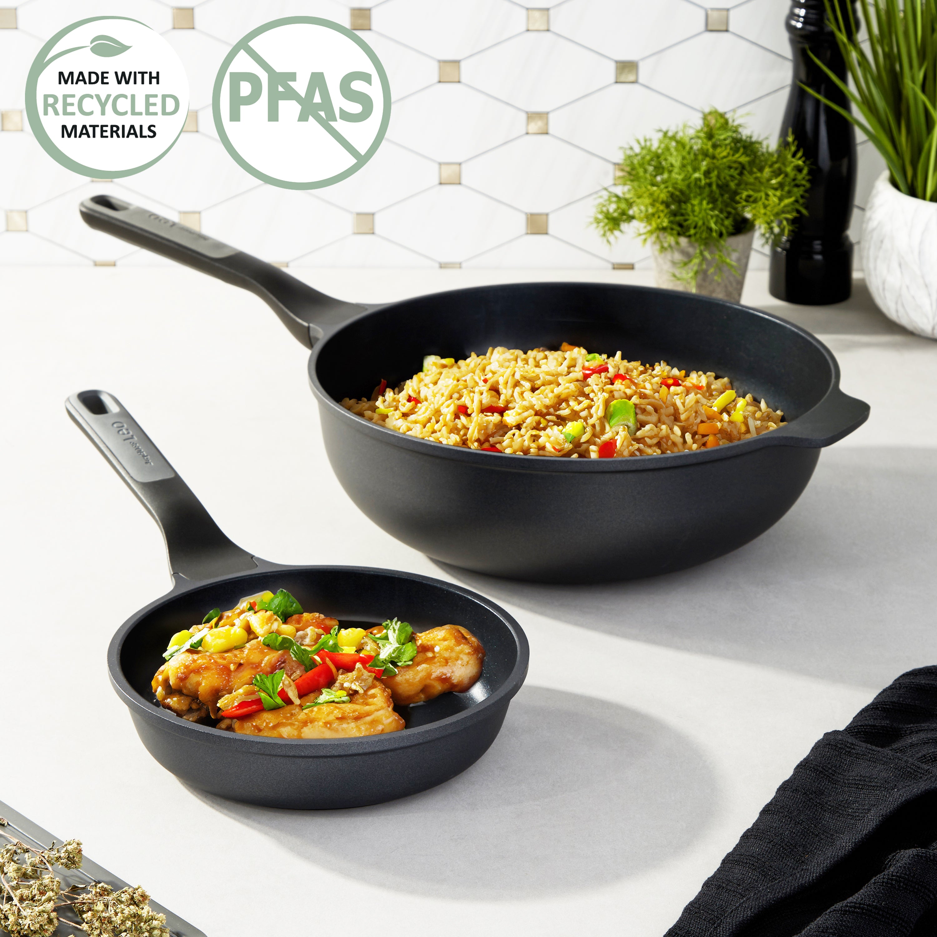BergHOFF Leo Stone+ 2-Piece Nonstick Ceramic Stir Fry Pan Set - Perfect for Healthy Cooking, Sauteing & Stir-Frying at Home