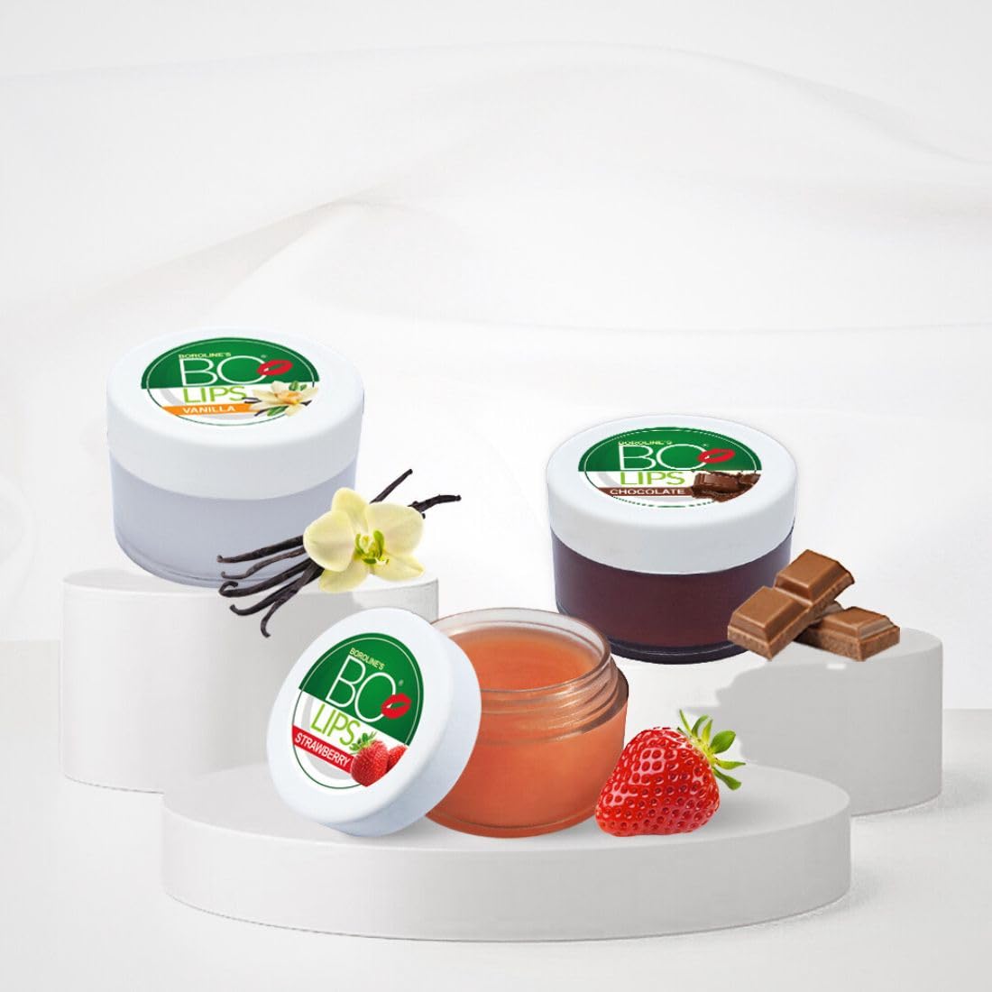 BOROLINE Bo Lips Nourishing Lip Balm - Strawberry, Vanilla & Chocolate Flavored with Natural Almond Oil - Pack of 3 for Soft Glossy Lips | Perfect for Daily Hydration, Winter Care & On-the-Go Lip Protection